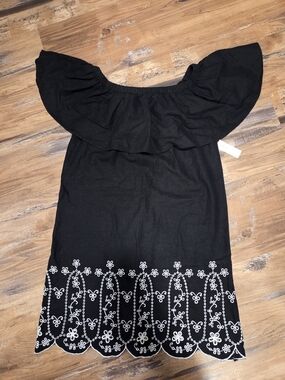 NEW Black Dress with White Embroidered Hem